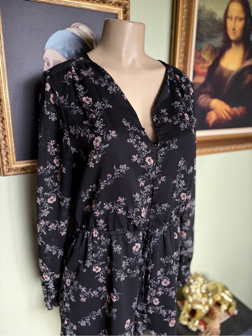 Mossimo Supply Co. Black Floral Long-Sleeve Shorts Romper Size L Cottagecore - Picture 10 of 16